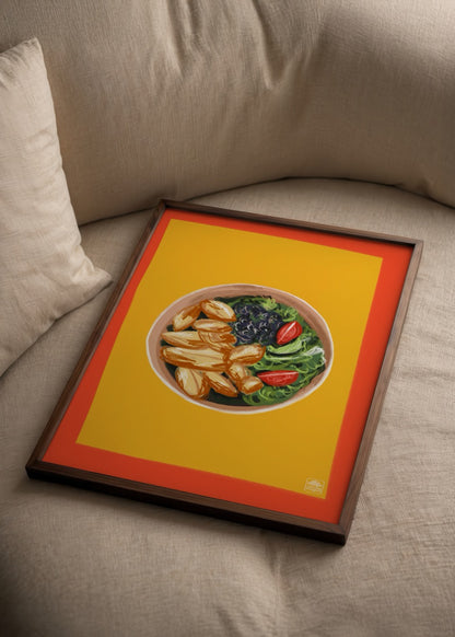 İmge Akbulut tarafından tasarlanan, kase içinde sebze ve patates illüstrasyonlu Bowlsuz Yapamam posteri.