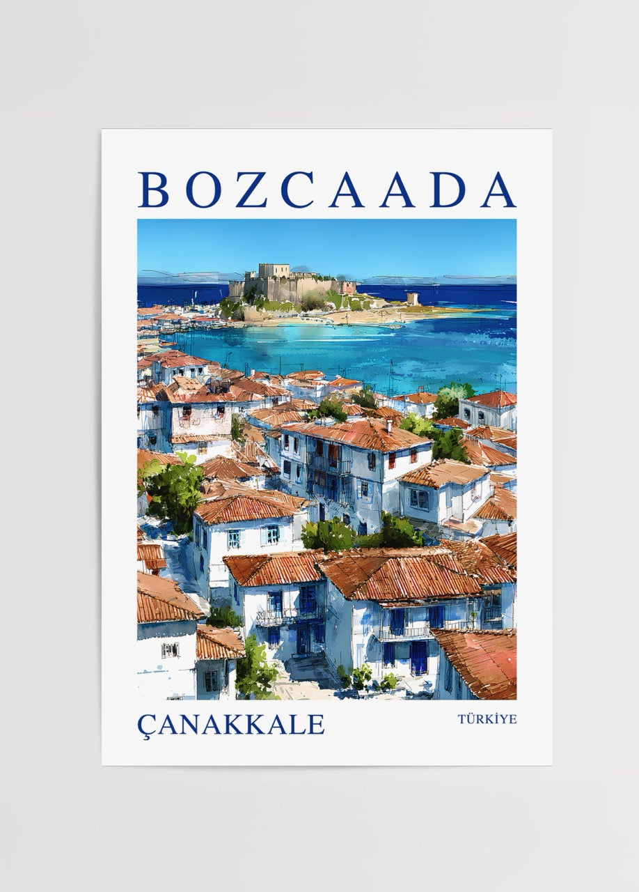 Bozcaada Çanakkale posteri, beyaz evler, kırmızı çatılar ve Bozcaada Kalesi illüstrasyonu
