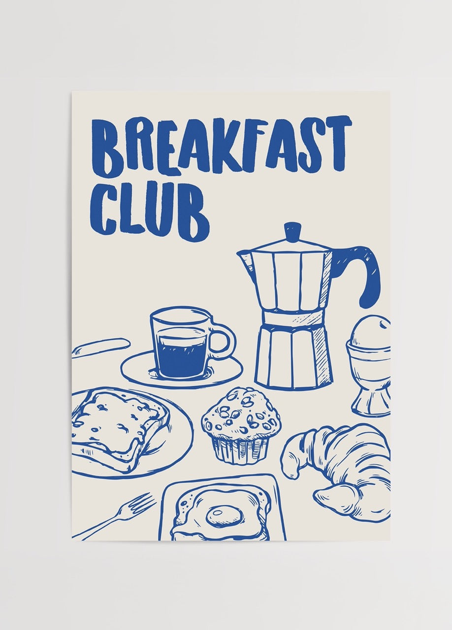Mavi çizgilerle kahvaltı illüstrasyonlarının yer aldığı Breakfast Club yazılı poster tasarımı