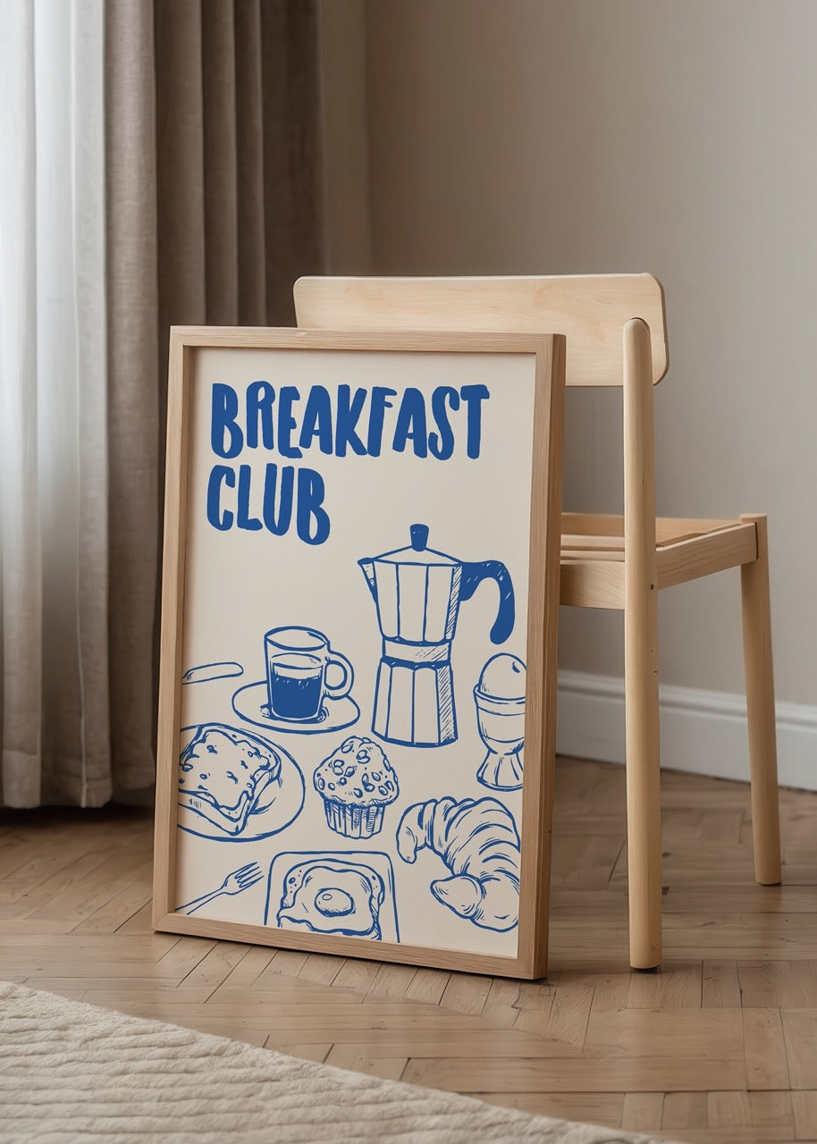 Mavi çizgilerle kahvaltı illüstrasyonlarının yer aldığı Breakfast Club yazılı poster tasarımı