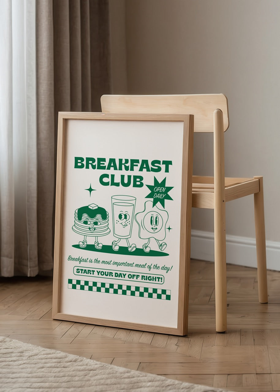 Yeşil renkte çizilmiş pankek, portakal suyu ve yumurta karakterlerinin yer aldığı retro kahvaltı temalı poster