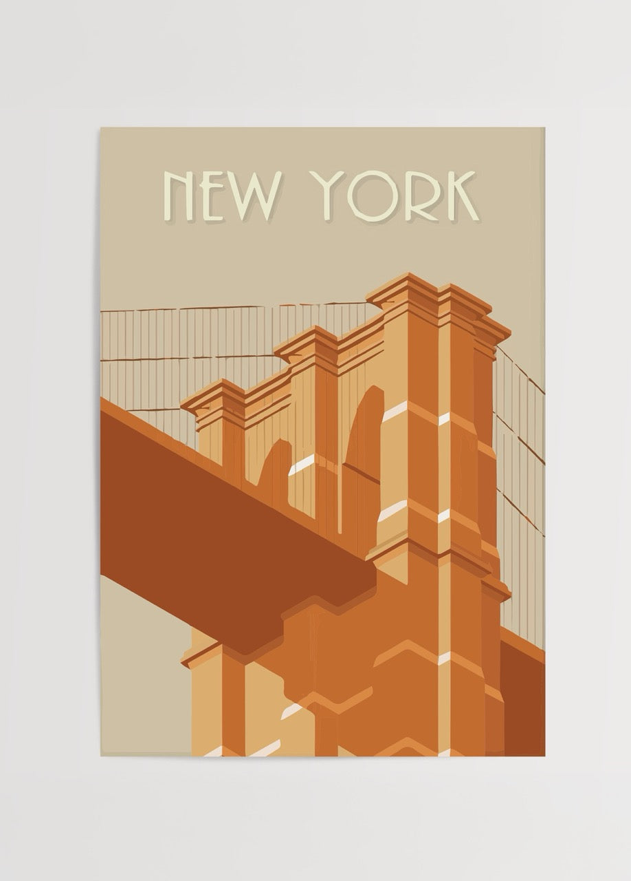 New York’taki Brooklyn Köprüsü’nü retro bir çizimle betimleyen, bej ve turuncu tonlara sahip illüstratif şehir posteri.