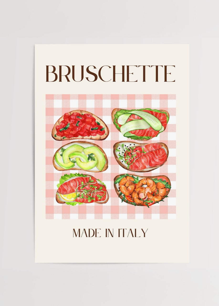Domates, somon, karides, avokado ve yeşilliklerle hazırlanmış altı farklı bruschetta çeşidinin suluboya tarzında çizildiği İtalyan mutfağı temalı poster.