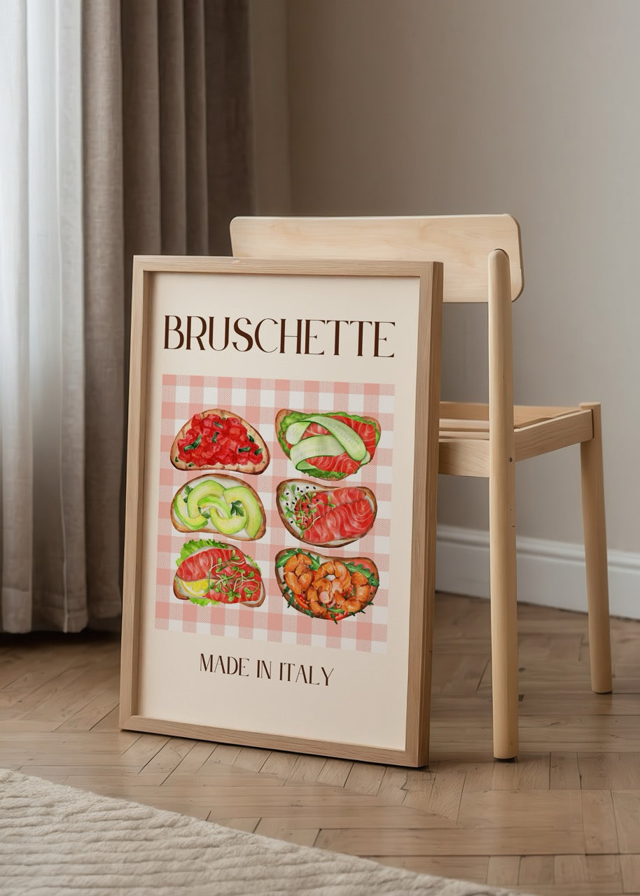 Domates, somon, karides, avokado ve yeşilliklerle hazırlanmış altı farklı bruschetta çeşidinin suluboya tarzında çizildiği İtalyan mutfağı temalı poster.