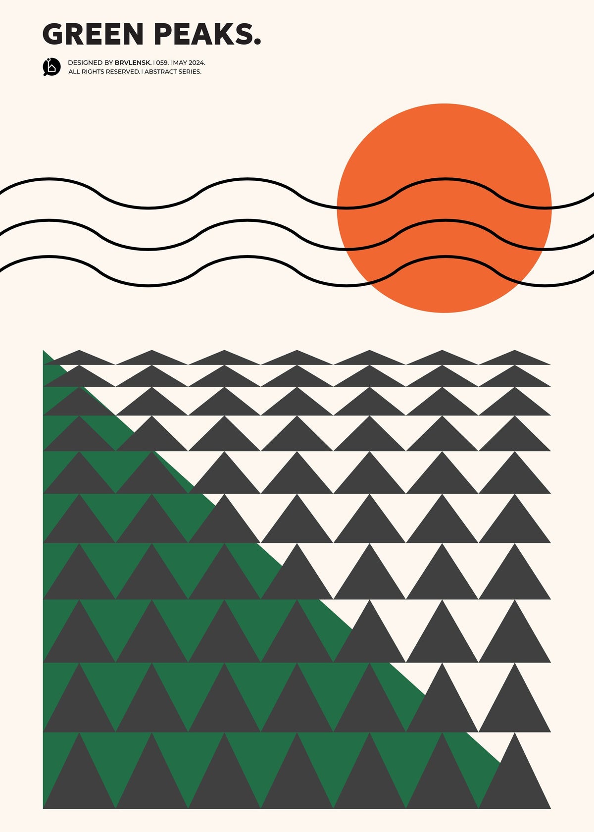 Bryvlensk Green Peaks poster, minimal estetik ve soyut dağ temasını yansıtıyor. poster baskı