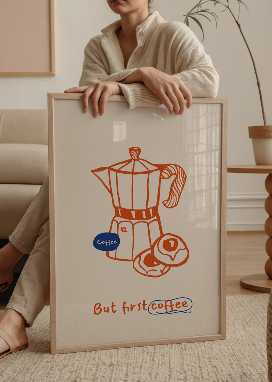 Turuncu moka pot ve donut çizimiyle “But First Coffee” yazılı kahve temalı minimal poster tasarımı