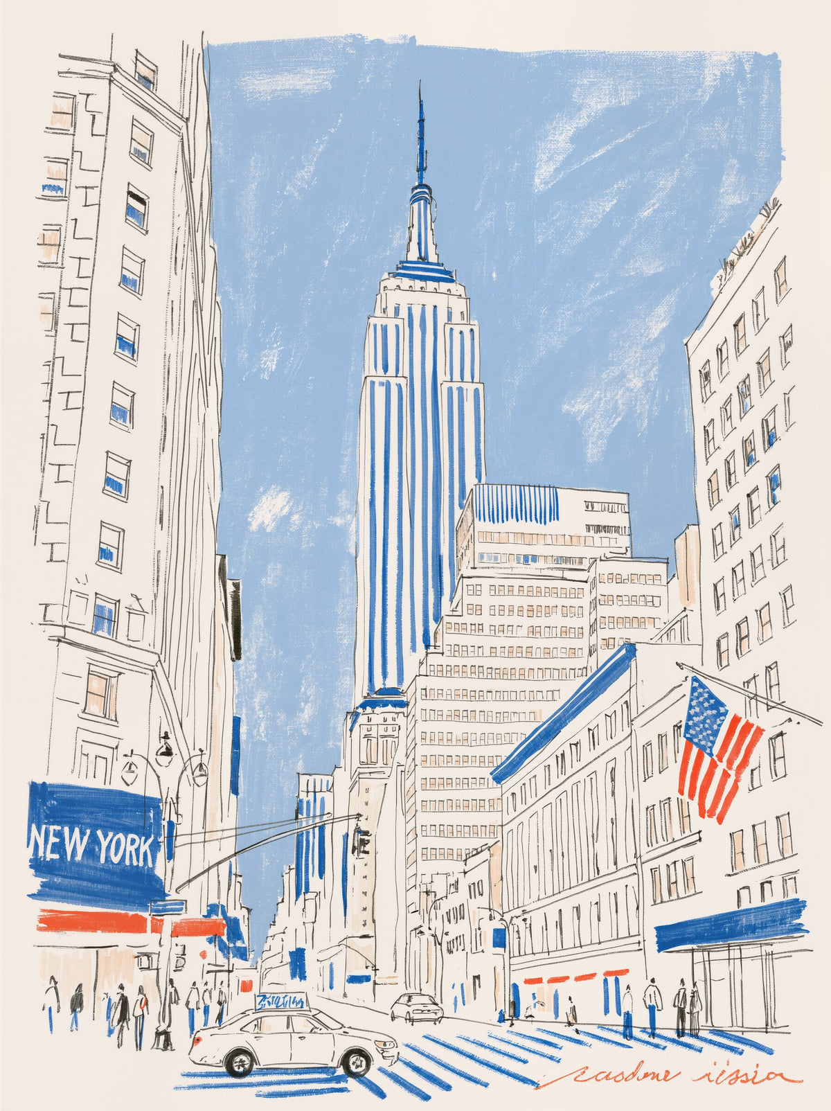 Cadone Rissian Empire State Building illüstrasyonu, New York şehri siluetiyle. poster baskı