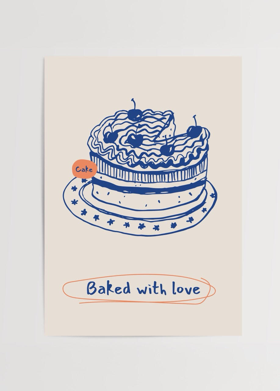 “Baked with love” yazılı, mavi kek illüstrasyonu içeren bej fonlu poster tasarımı