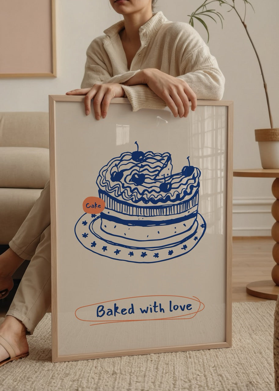“Baked with love” yazılı, mavi kek illüstrasyonu içeren bej fonlu poster tasarımı
