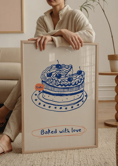 “Baked with love” yazılı, mavi kek illüstrasyonu içeren bej fonlu poster tasarımı