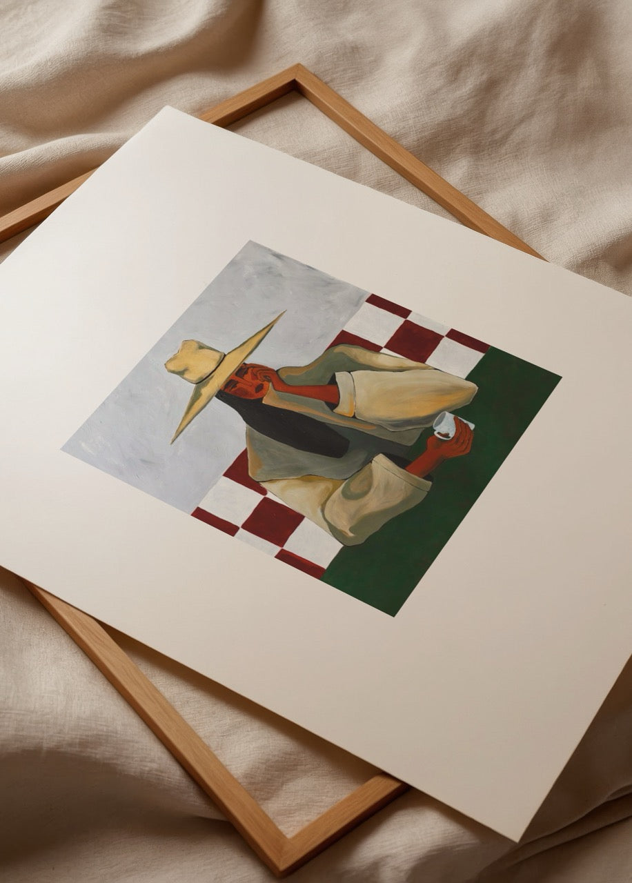 Nida Büyük’ün Calm in a Cup posteri, kahve içen şapkalı kadın figürüyle modern figüratif sanat baskısı.