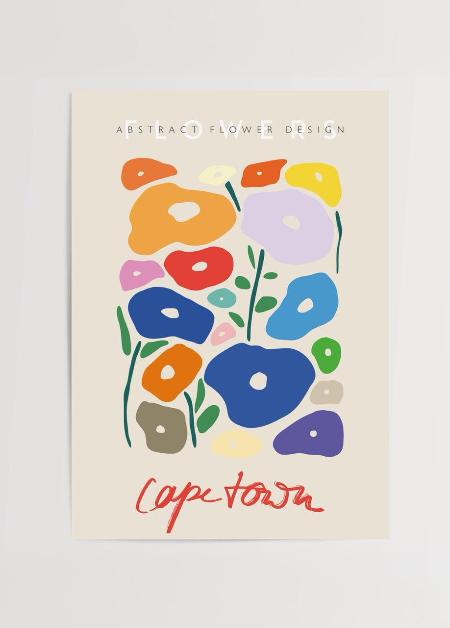 Cape Town temalı, rengarenk soyut çiçek illüstrasyonlu poster tasarımı