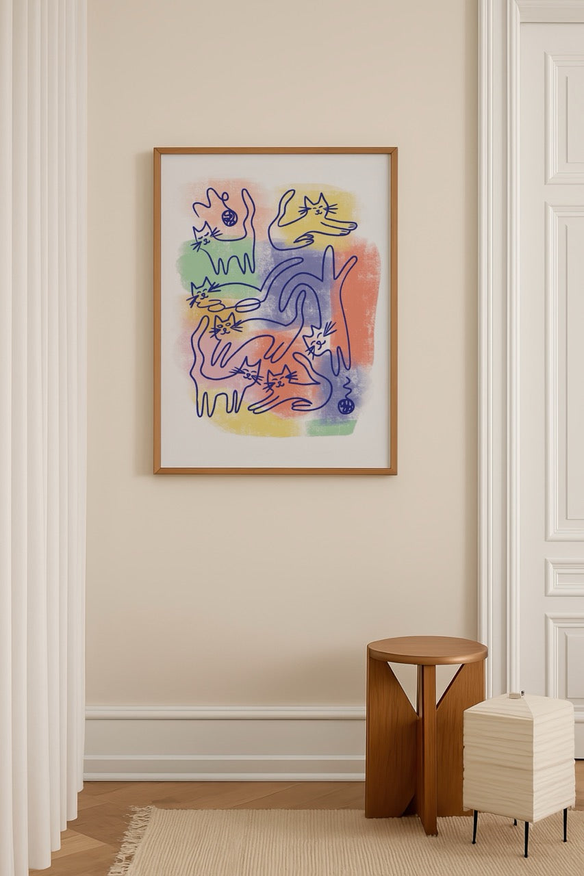 yagmur solakoglu renkli kedi illüstrasyon modern poster