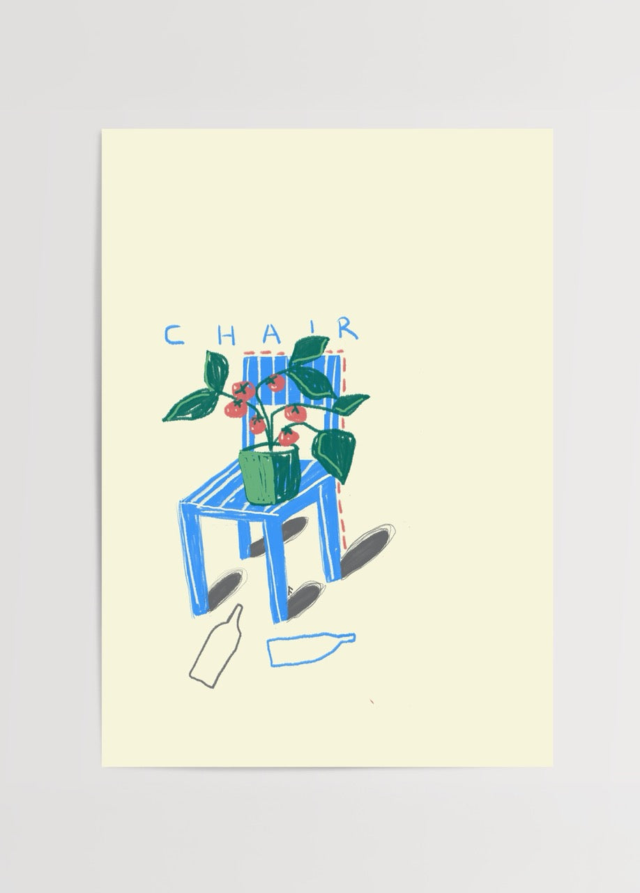 Chair Poster – Fulya Genç’in mavi sandalyeli, bitkili renkli illüstrasyon posteri