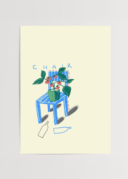 Chair Poster – Fulya Genç’in mavi sandalyeli, bitkili renkli illüstrasyon posteri