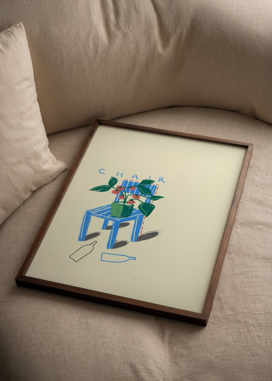 Chair Poster – Fulya Genç’in mavi sandalyeli, bitkili renkli illüstrasyon posteri