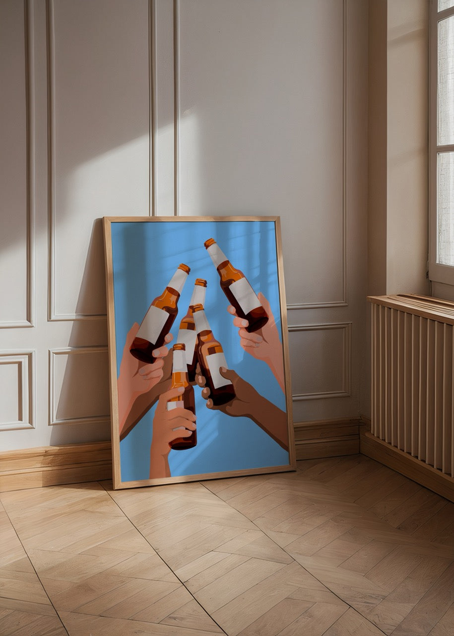 Farklı ten renklerinden ellerin bira şişelerini tokuşturduğu modern illüstrasyon posteri.