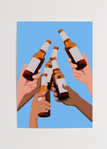 Farklı ten renklerinden ellerin bira şişelerini tokuşturduğu modern illüstrasyon posteri.