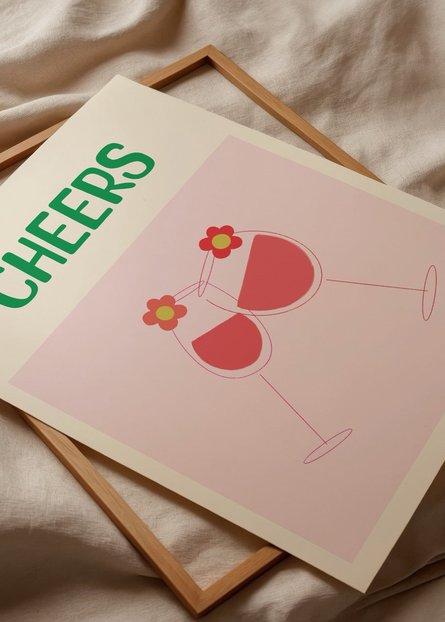 Cheers poster baskı, çiçek detaylı şarap kadehi illüstrasyonlu modern ve pastel mutfak duvar dekoru