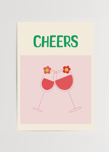 Cheers poster baskı, çiçek detaylı şarap kadehi illüstrasyonlu modern ve pastel mutfak duvar dekoru