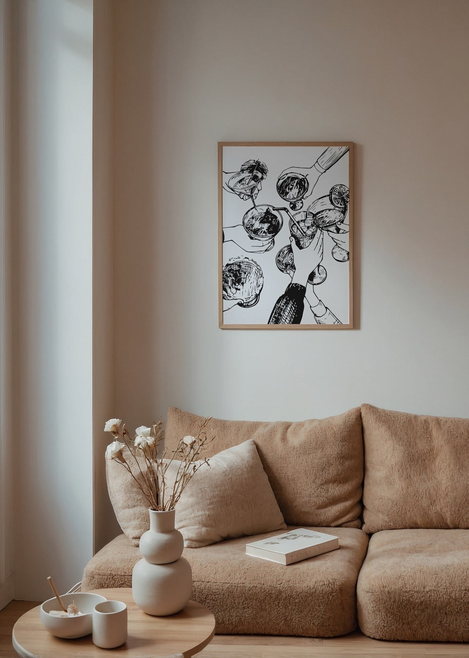 Siyah beyaz çizgilerle çizilmiş kokteyl bardakları tutan eller illüstrasyonu, modern cheers posteri