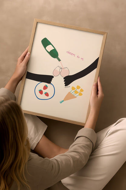 Nergis Sabancı’nın Cheers To Us posteri; şarap kadehleri, çilekler ve çiçek buketi içeren romantik minimal illüstrasyon.