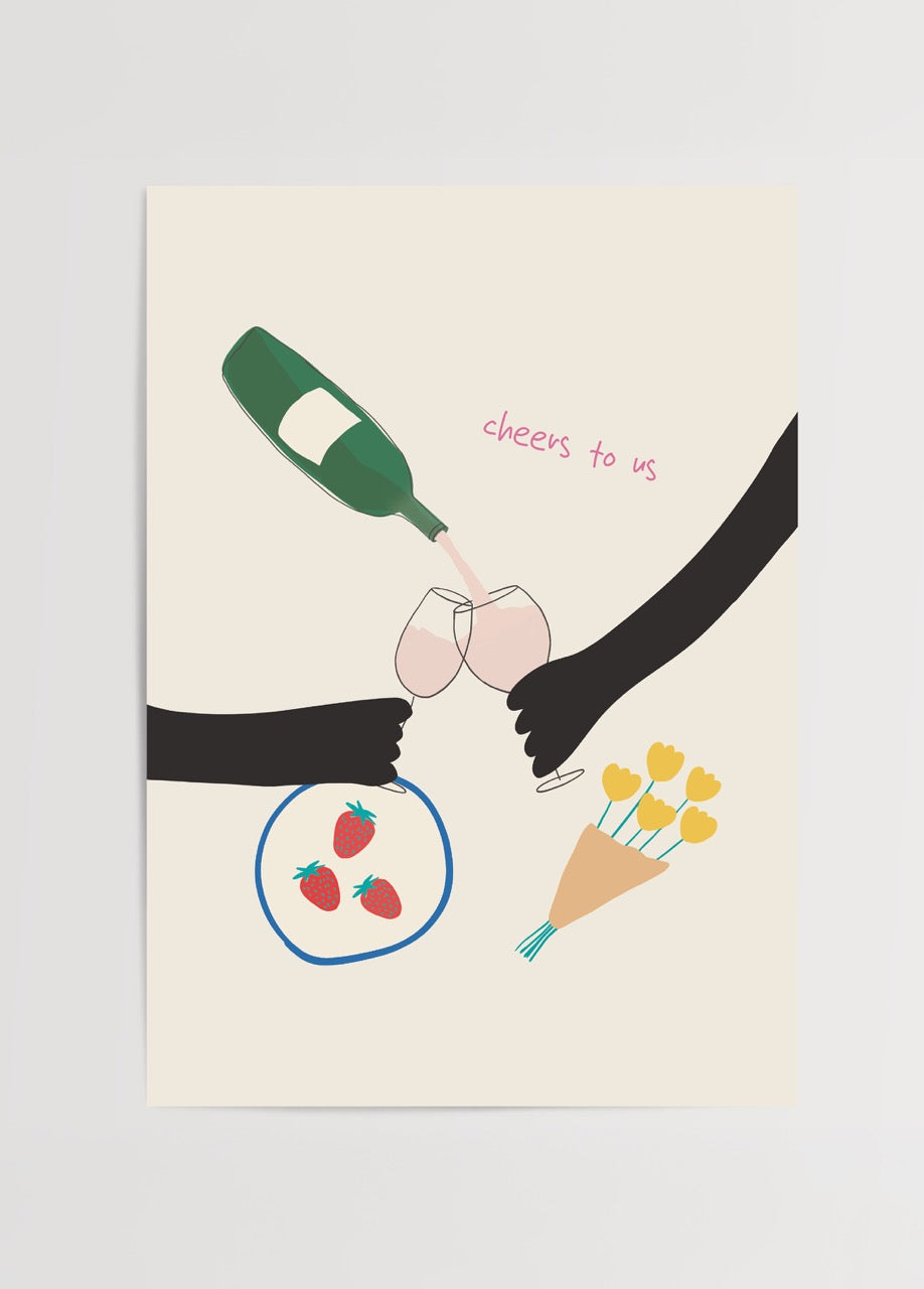 Nergis Sabancı’nın Cheers To Us posteri; şarap kadehleri, çilekler ve çiçek buketi içeren romantik minimal illüstrasyon.