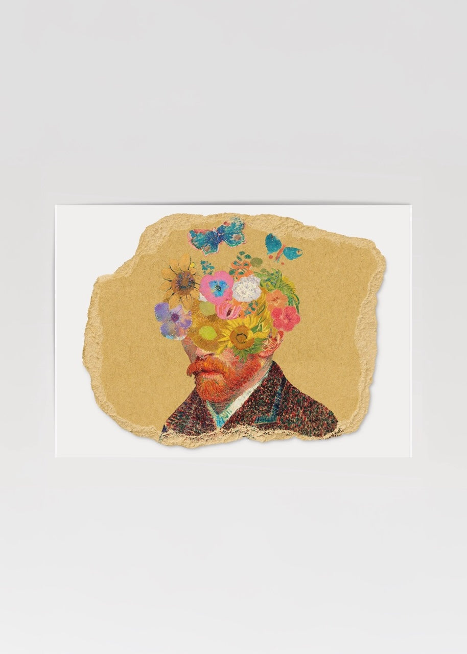Çiçekli ve kelebekli Van Gogh portresi illüstrasyon poster tasarımı