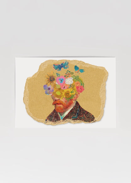 Çiçekli ve kelebekli Van Gogh portresi illüstrasyon poster tasarımı