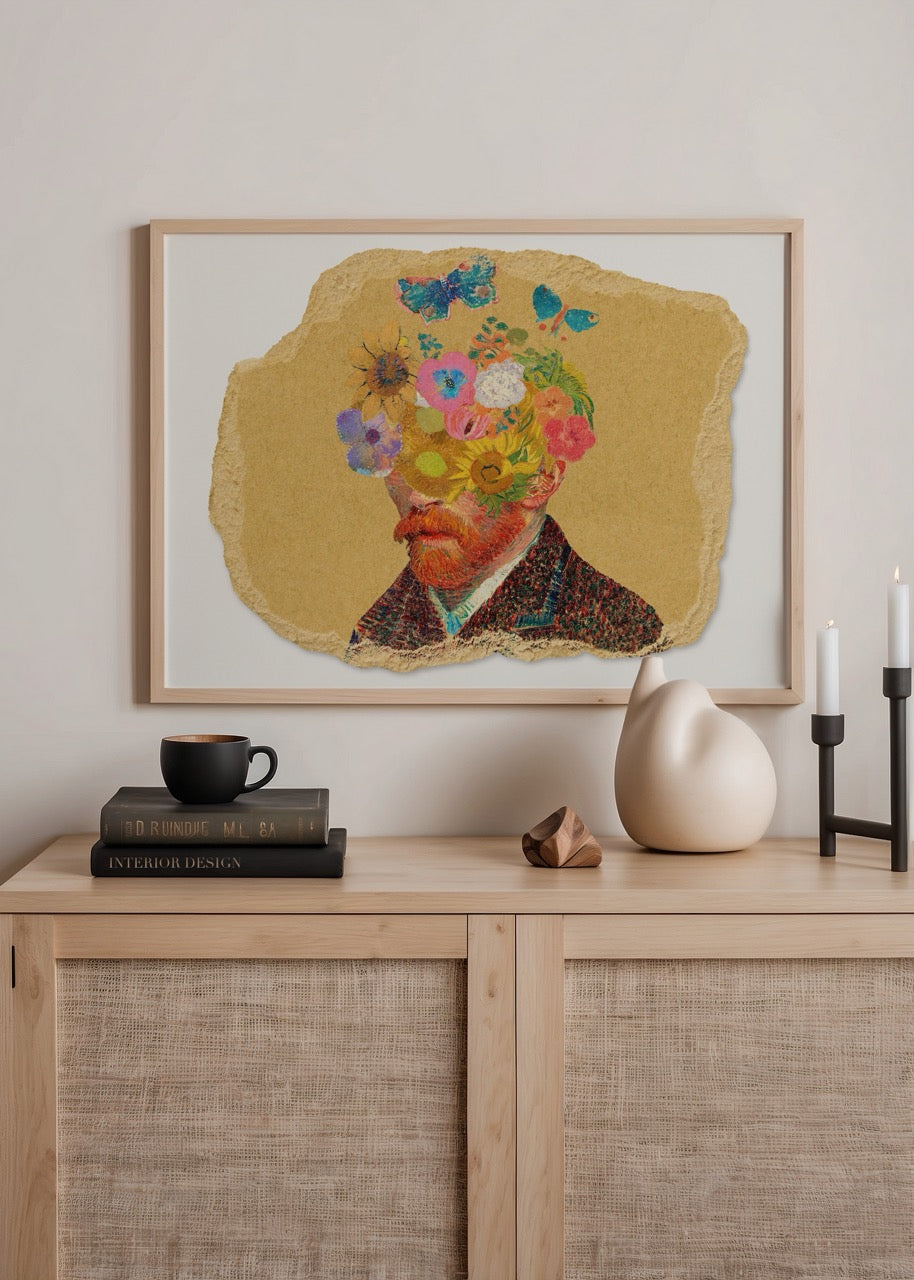 Çiçekli ve kelebekli Van Gogh portresi illüstrasyon poster tasarımı