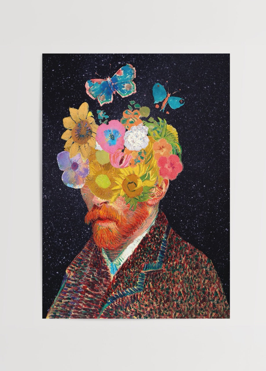 Van Gogh portresinin çiçekler ve kelebeklerle yorumlandığı illüstrasyon poster