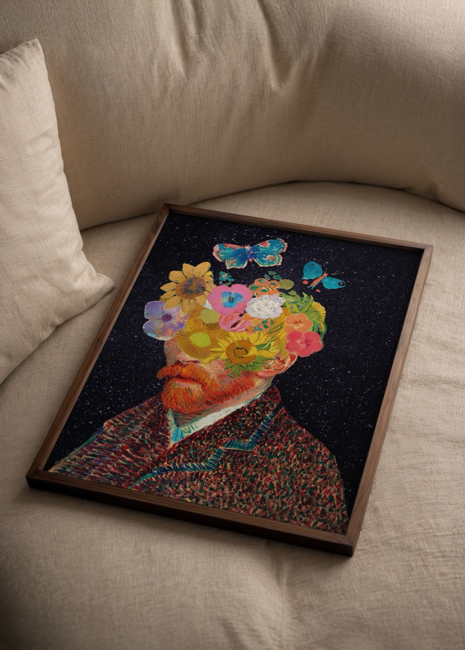 Van Gogh portresinin çiçekler ve kelebeklerle yorumlandığı illüstrasyon poster