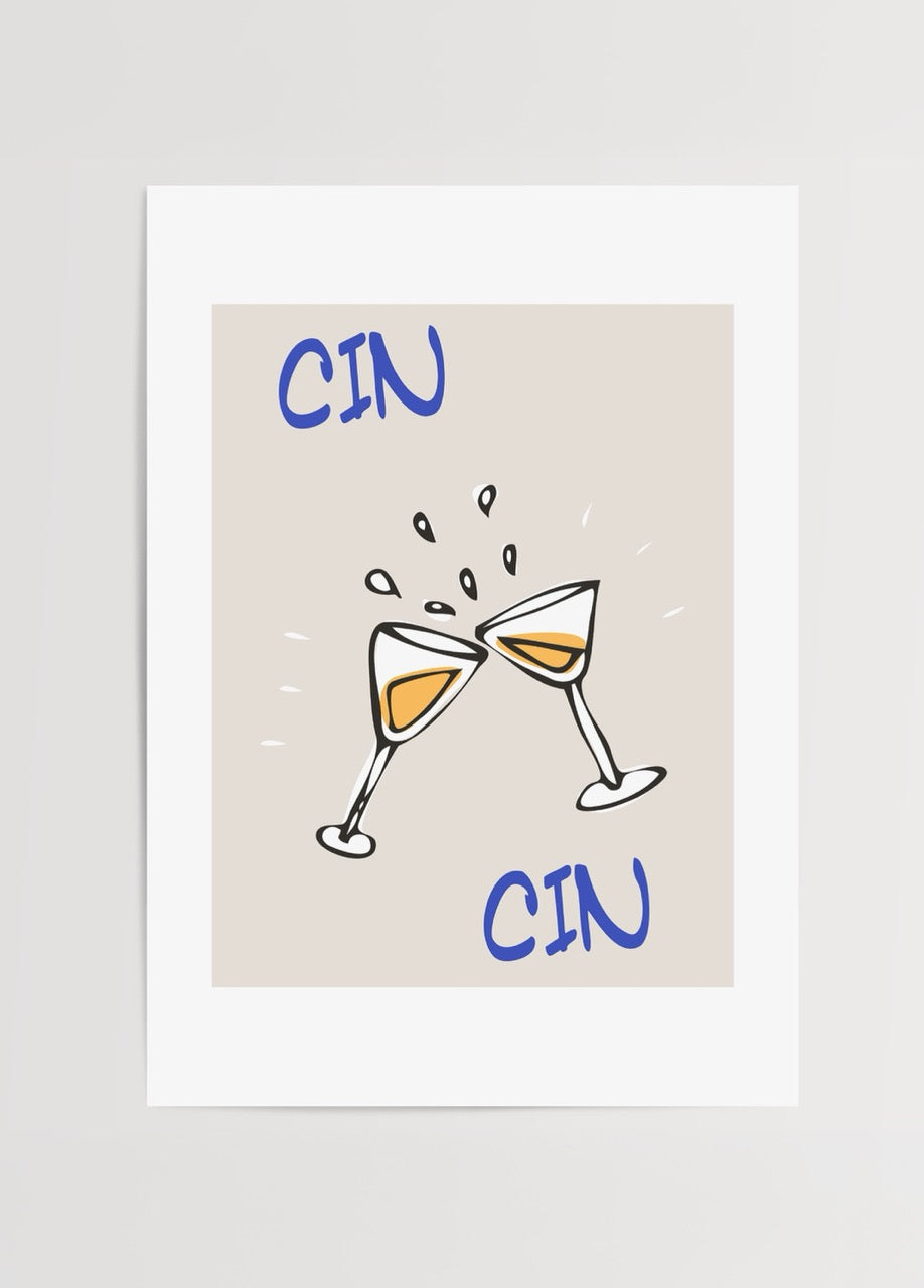 Bej arka plan üzerinde mavi yazı ve iki kadehin çarpıştığı kutlama illüstrasyonlu minimalist Cin Cin Cheers duvar posteri.