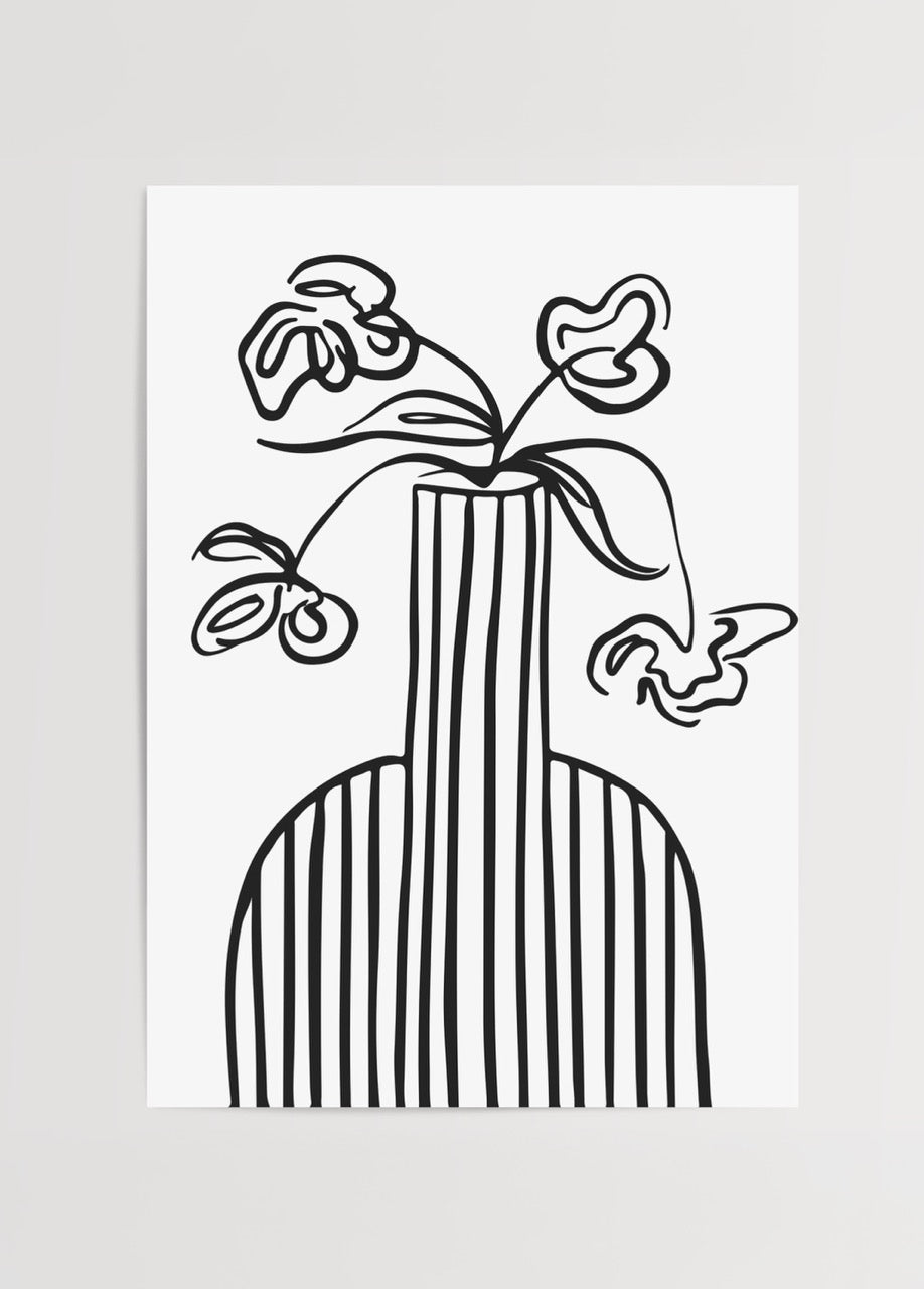 Siyah çizgilerle tasarlanmış vazo ve çiçek minimalist poster baskı.