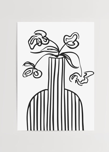 Siyah çizgilerle tasarlanmış vazo ve çiçek minimalist poster baskı.
