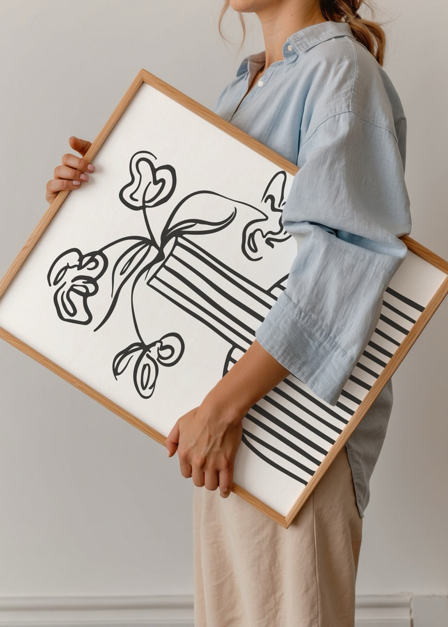 Siyah çizgilerle tasarlanmış vazo ve çiçek minimalist poster baskı.