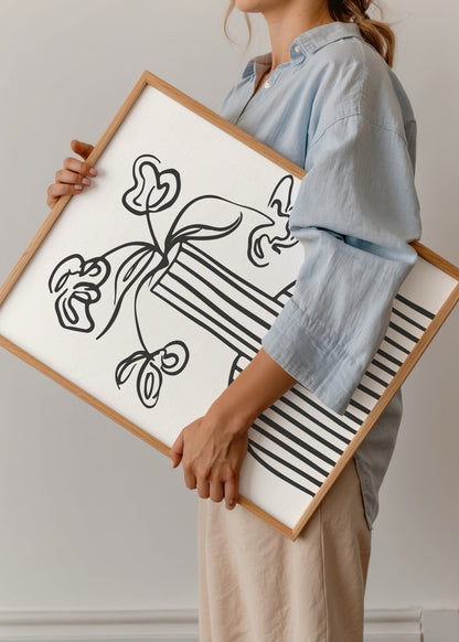 Siyah çizgilerle tasarlanmış vazo ve çiçek minimalist poster baskı.