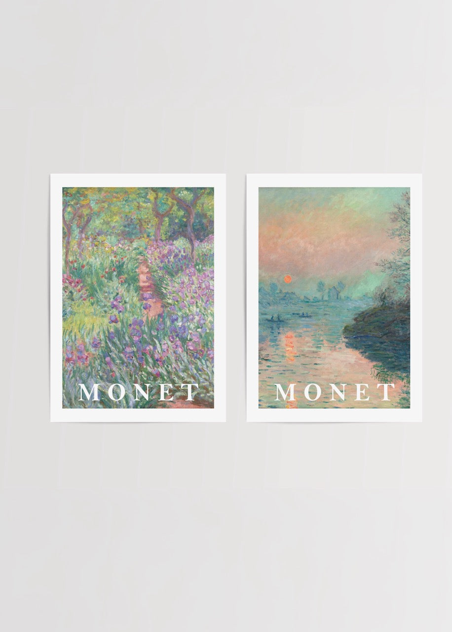 Claude Monet ikili poster seti – bahçe yolu ve gün batımı temalı poster baskı