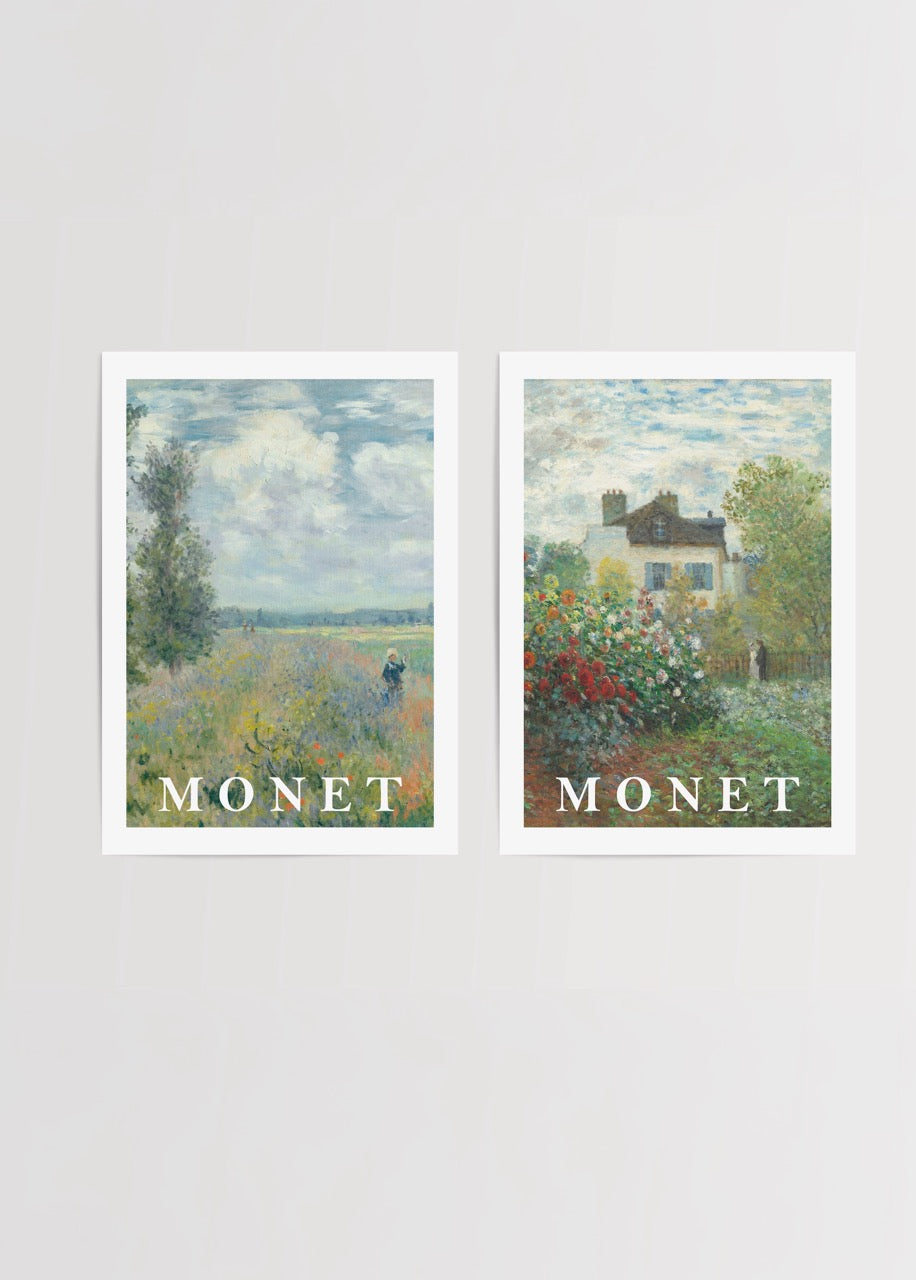 Claude Monet ikili poster seti – çiçekli tarla ve bahçe manzarası temalı poster baskı