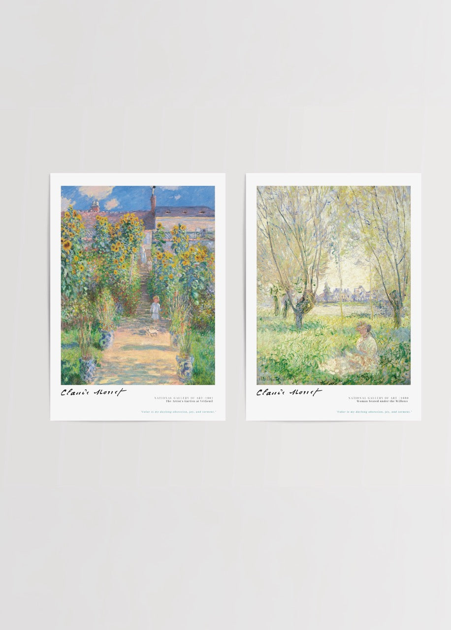 Claude Monet ikili poster seti – The Artist’s Garden at Vétheuil ve Woman Seated under the Willows poster baskı