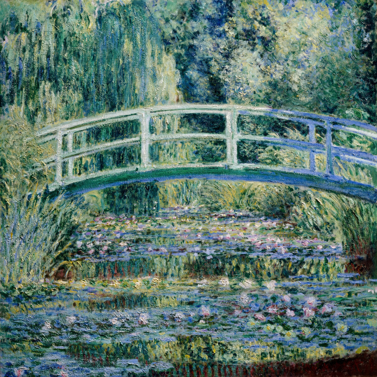 Claude Monet'nin Japon Köprüsü eseri, su bitkileriyle çevrili bir sahne poster baskı