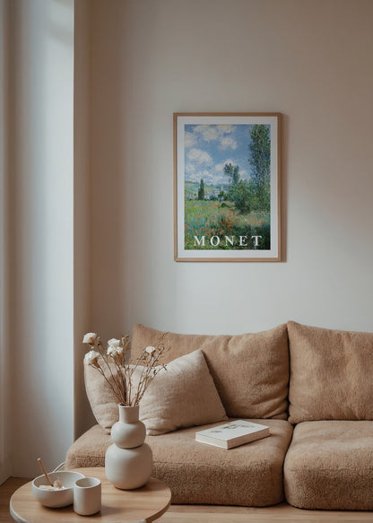 Claude Monet tarzı kır manzarası ve çiçekli doğa temalı poster baskı