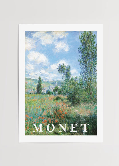 Claude Monet tarzı kır manzarası ve çiçekli doğa temalı poster baskı