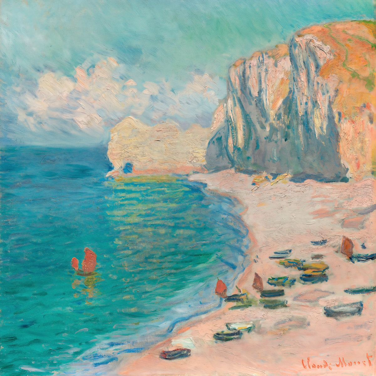 Claude Monet'in The Beach and the Falaise d'Amont eseri, mavi deniz ve sahil manzarası ile göz alıcı bir kompozisyon sunuyor. poster baskı