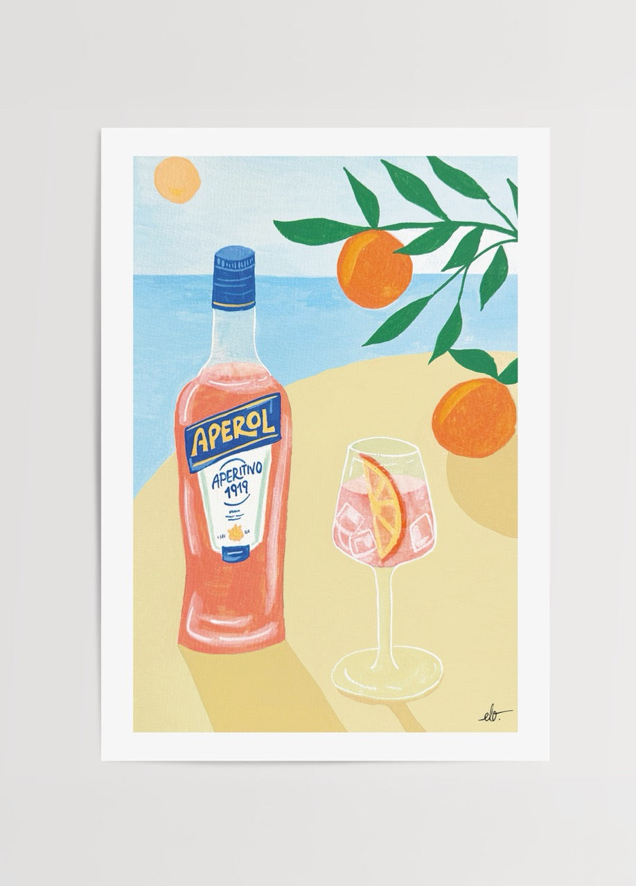 Elif Işık imzalı Cocktail in Positano Yellow posteri, Aperol kokteyli ve portakal dallarıyla Akdeniz atmosferini yansıtan renkli illüstrasyon.