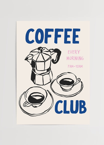 Mavi ve pembe yazılarla süslenmiş, moka pot ve iki kahve fincanı çizimi içeren “Coffee Club” temalı modern kahve posteri