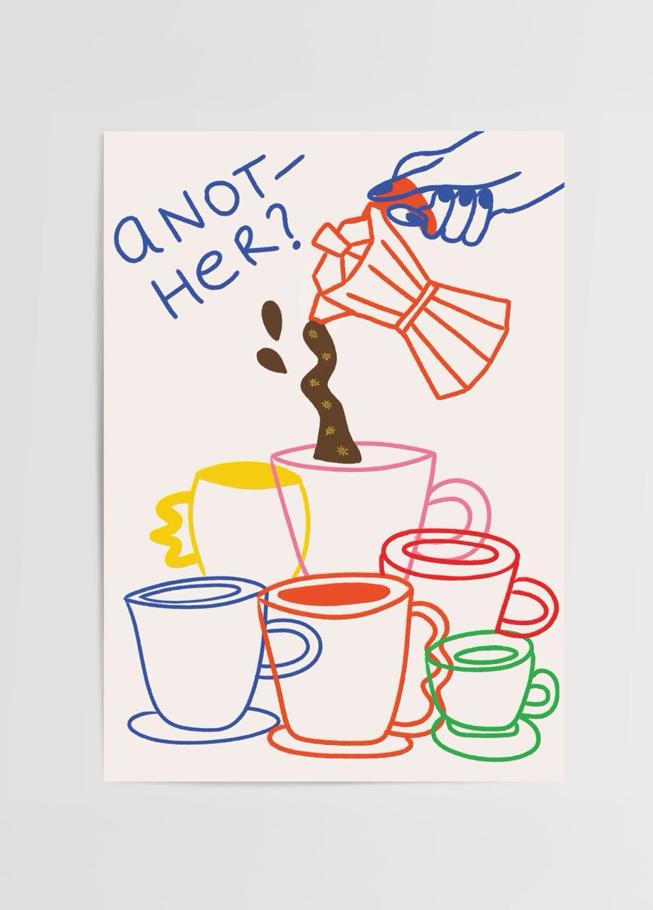 Renkli kahve fincanları ve moka pot ile tasarlanmış Coffee Cult illüstrasyon posteri