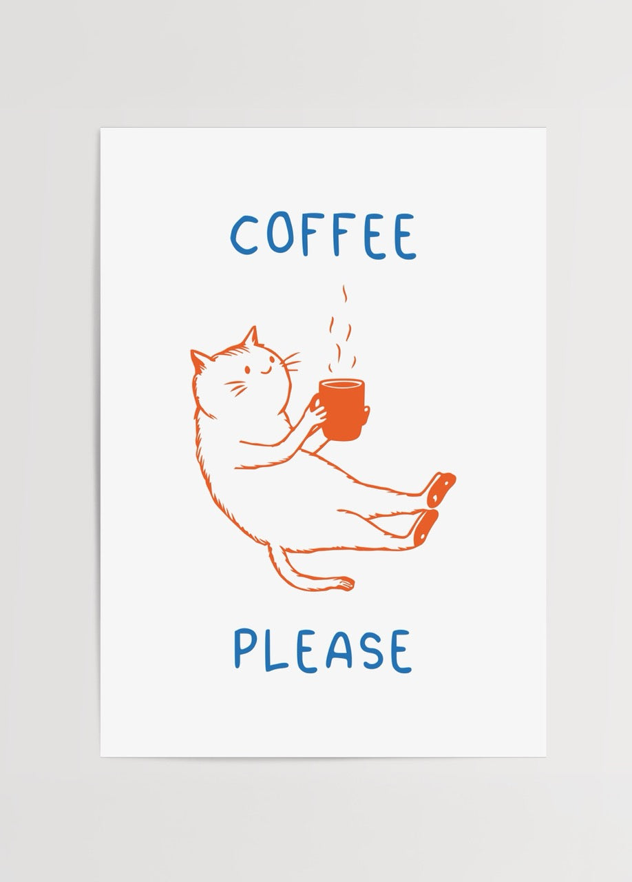 Elinde sıcak kahve kupası tutan sevimli bir kedinin yer aldığı, minimal ve eğlenceli kahve temalı illüstrasyon posteri.