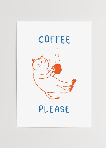 Elinde sıcak kahve kupası tutan sevimli bir kedinin yer aldığı, minimal ve eğlenceli kahve temalı illüstrasyon posteri.