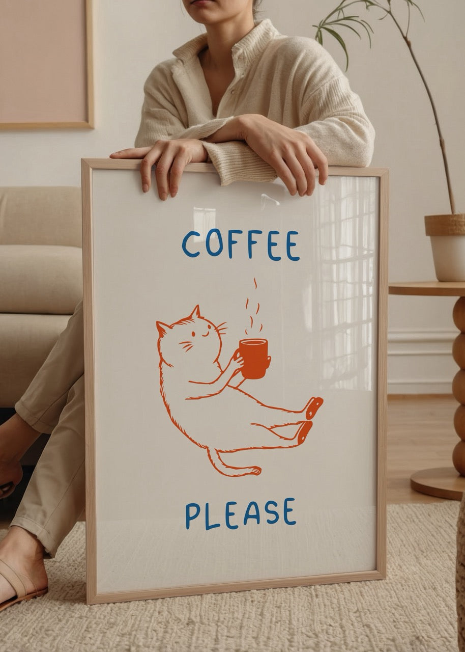 Elinde sıcak kahve kupası tutan sevimli bir kedinin yer aldığı, minimal ve eğlenceli kahve temalı illüstrasyon posteri.